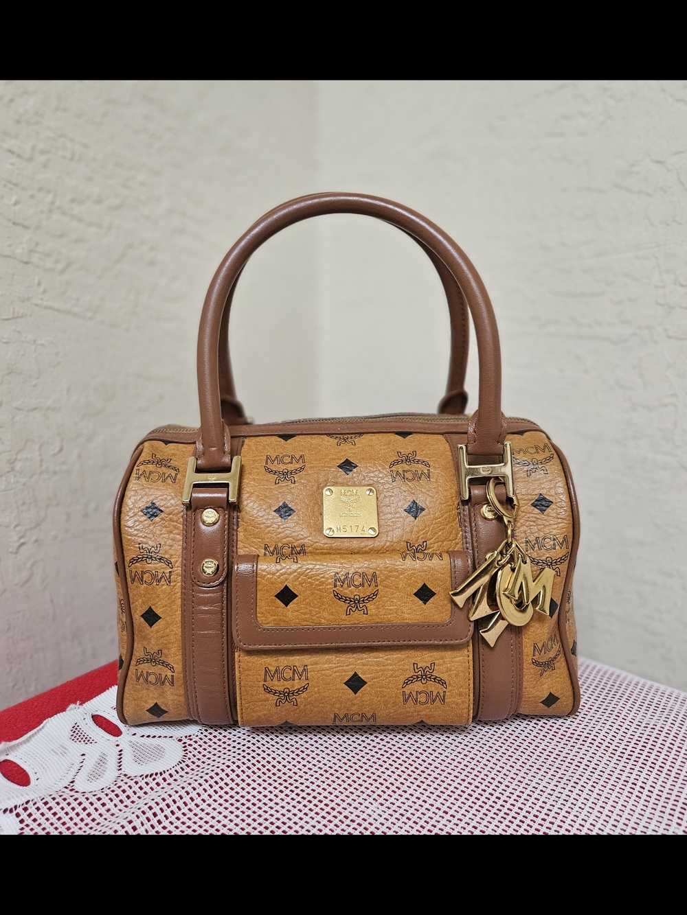 MCM Cognac Boston Handbag Satchel AUTHENTIC